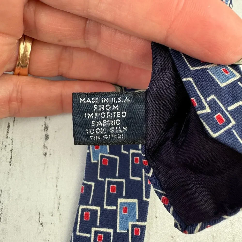 VTG Polo Ralph Lauren Blue/White Silk Handmade Geometric Neck Tie USA
